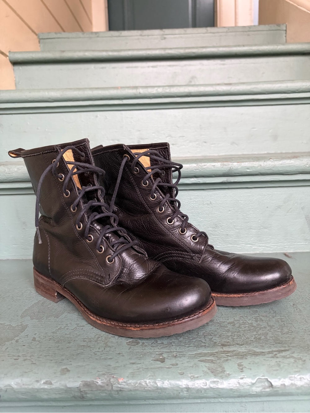 Frye Black Leather Women's Lace-Up Combat Boots